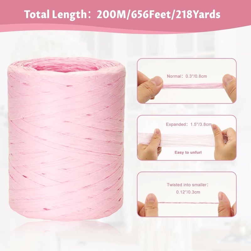 g2plus 218 Yards Raffia Paper Craft Ribbon, 1/4 Inch Wide Raffia Ribbon, Pink Packing Paper String for Gift Wrapping, DIY Arts & Crafts, Christmas, Valentines, Holiday Decor - Image 3
